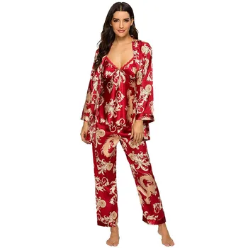 Seksikas 3 Töö Sleepwear Satiin Naiste Pidžaama Komplekt Lounge Kanda Prindi Rüü Sobiks Intiimne Pesu Siidine Kimono Hommikumantel Kleit