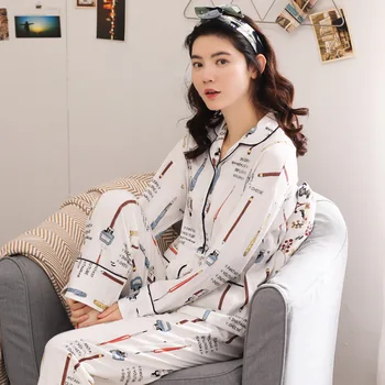 Naiste kevad ja sügis 2019 uus cartoon pidžaama naiste puuvillane pikk varrukas kampsun, kaks tööd korea suured naised pajama komplekti