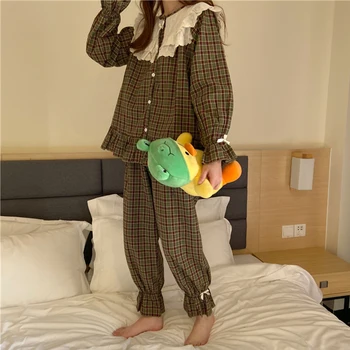 Korea Vintage Ruuduline Pidžaama Komplekt Naiste Mood Ruffle Sleepwear Vabaaja Mori Outwear Tüdrukute Kodu Sobiks Keskaja Põletatud Varrukad S1025
