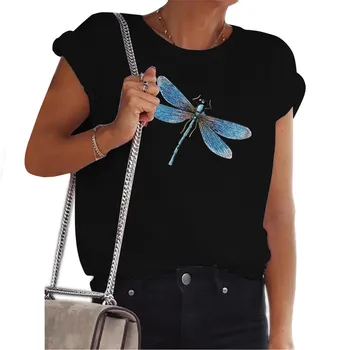 Naiste Vabaaja Dragonfly Trükitud T-Särk Basic Suvel Lühikesed Varrukad Tops Lahtine O-Kaeluse Jaoks Mood Pluss Suurus Tees Naine