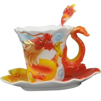 Emailiga Dragon Phoenix Kohvitass Protselin Tee Vee Tassi Koos Taldrik Lusikas Loominguline Drinkware