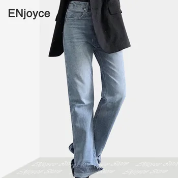 Vintage Kõhn Lahvatas Jalg Teksad Naistele Korea Stiilis Kõrge Vöökoht Elegantne Denim Püksid Tutt Ripitud Split Teksad, Pikad Püksid
