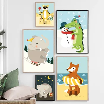 Multikas Loomade Fox Tiiger Krokodill Känguru Põhjamaade Plakatid Ja Pildid Seina Art Lõuend Maali Seina Pilte Kids Room Decor