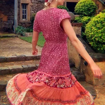 Punase õie printida boho kleit 2020. aasta Suvel bohemian V-kaeluse jaoks seksikas pikad kleidid femme holiday Lühikeste varrukatega pitsist kleit üles rüü