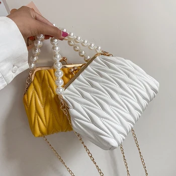 Plisseeritud Pearl kott Armas Kest kott 2021 Suvel Uus Kvaliteet PU Nahast Naiste Disainer Käekotis Kett Õlal Messenger Kott