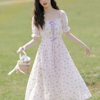 Vintage Kawaii Õie Midi Korea Naiste Kleit Elegantne Magus Prindi Lühikese Varrukaga Kleidid Cottagecore Romantiline Sidemega Kleidid 2021