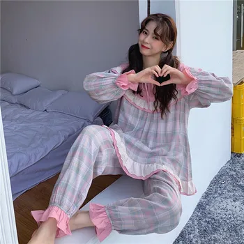 Pidžaama ins naiste new korea versioon lihtne ruuduline pika varruka vabaaja home service kaks-tükk suured pajama kimono pijamas