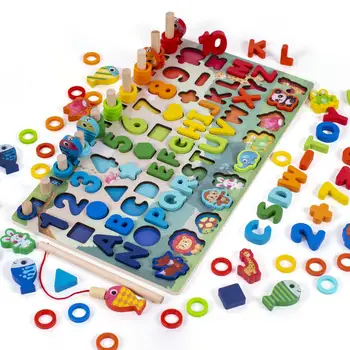3D Puidust Plokid Laste Montessori Magnet Kalapüügi lauamäng Number Kirjas Kuju Sobitamine Plokid Beebi Hariduslik Mänguasi Kingitus