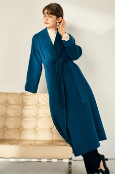 Pikk Kašmiir Naiste Overcoat Hepburn Stiilis Pits Varjatud Kahepoolne Villane Mantel Puhas Värv Elegantne Naiste Riided Outwear