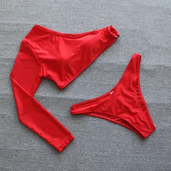 Hirigin Seksikas Ühe Varruka Naiste Shoulderless Bikiinid Komplekti Supelrõivad 2021 Uus Push Up Polsterdatud Puhas Punane Suvel Ujumistrikoo Trikoo
