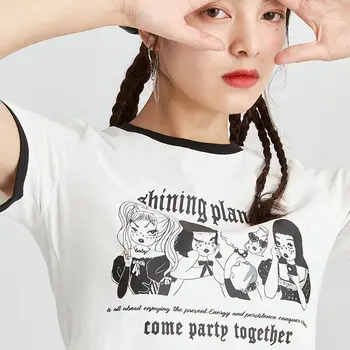 Gooti Punk Tume Koomiksid Kirjas Trükitud T-Särgid Puuvill Naiste Sexy Latva Kärpida Kõhn Streetwear Lühikesed Varrukad Suvel Korea Fashion