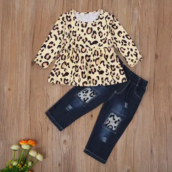 Beebi Tüdrukud Sügis Komplekt Komplekti Pikk Varrukas Kaeluse Ümber Leopard Printida Top + Ripitud Denim Püksid