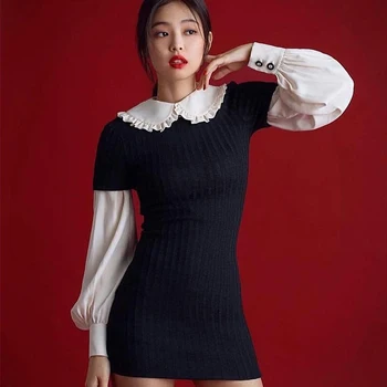 Kpop Korea 2021 Suvel Uus Seksikas Kootud Nukk Krae Pikk Varrukas Kleidid Naiste Poole Vintage Elegantne Must Võltsitud Kahe-Line Kleit
