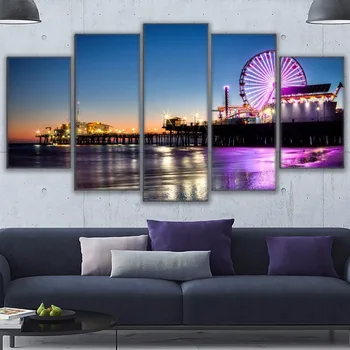 Lõuend Seina Art Pictures Home Decor Elutuba 5 Tk Los Angeles Beach Pier Maali Raami Pildid Ferris Wheel Plakat