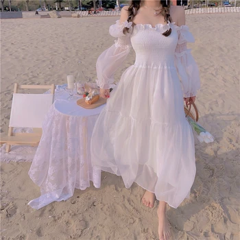 Korea Suvel Elegantne Pikk Kleit Ja Naised Ühes Tükis Naine Beach Sifonki Pits Midi Kleit Vintage Poole Öö Klubi Daamid Kleit 2021