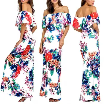 WHEREISART Seksikas Maha Õla Maxi Kleit Naistele Kevad Vabaaja Streetwear Hawaii Lilled Prindi Kihiline Ruffle Vestidos