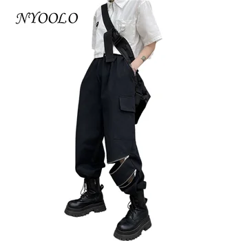 NYOOLO Harajuku Streetwear Zipper Big Pockets Elastic High Waist Cargo Pants Women Men Casual Hip Hop Cotton Black Trousers