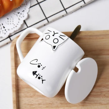 380ML armas multikas kass piima kruus loominguline must ja valge mood hommikusöök tass kaanega lusikas paar kruus mood kohvi tassi