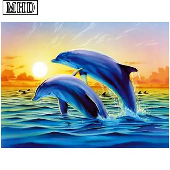 5d diy diamond maali ristpistes dolphin päikeseloojangut vaadata ruudu muster 20x25cm kodu kaunistamiseks 3D mosaiik maal