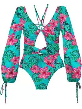 Uus Ühes Tükis Ujumistrikoo 2021 Pikad Varrukad Naiste Ujumisriided Prindi Monokini Sidemega Trikoo String Backless Beachwear Naine