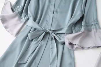 Naiste 4TK Sleepwear Faux Silk Satin Kimono Hommikumantel Kleit Seksikas Õõnes Välja Pits Pidžaama Komplekt Suve Naine Nightgowns Kodu Riided