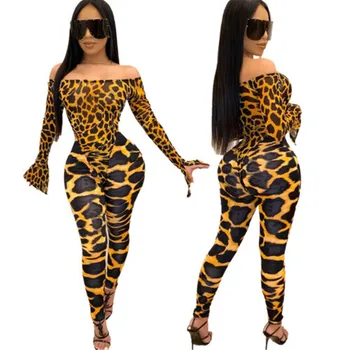 Kevadel Langevad Naised Maha Õla Bodycon Top Romper Kombekas+Püksid Püksid 2tk Leopard snakeskin Riided Riided Klubi Streetwear