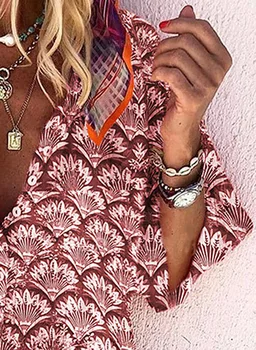 2021 Uus Naiste Sifonki Pluusid Vabaaja Leht Trükitud Särgid Elegantne V-Kaeluse Tops Vintage Puhkus Stiilis Pikad Varrukad Mood Blusas