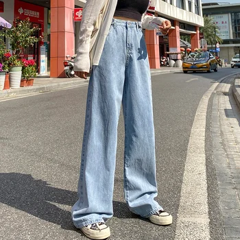 Naine, Teksad, Kõrge Vöökoht Riided Lai Jalg Denim Riided Blue Streetwear Kvaliteeti Vintage Mood Harajuku Pikad Püksid