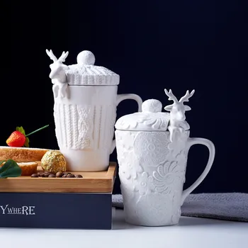 Valge Portselan Jõulud 3D Põder Amimal Paarid Kohvi Piima Kruusid Kaanega Keraamiline Loominguline Armas Hirv Hommikusöök Cup Drinkware