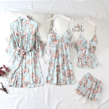 Õie Printida Pidžaama Komplekt Naistele 4TK Sleepwear Satiin Kimono Naiste Kleit Siidine Magada Set Pidžaamad Sobiks Homewear, Mille Rinnal Pad