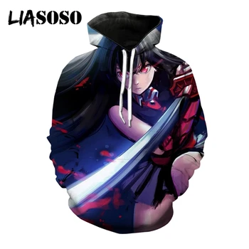 LIASOSO 3D Print Naised Mehed Jaapani Anime Akame Ga Tappa Nägu Lahe Kapuutsiga Hupparit Sviitrid Pullover Harajuku Riie Hip-Hop Tops