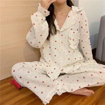 Naiste kevad-sügis sleepwear kodu sobiks puuvillane pidžaama komplekt ruffles armastus südames prindi pluus top, püksid, pidžaamad püksid Y574