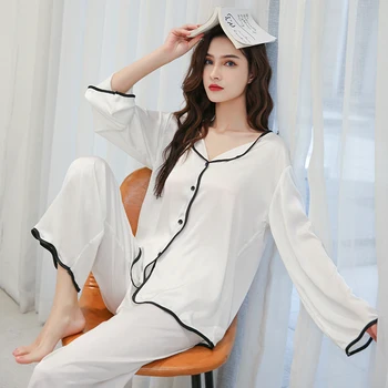 Zomer Vrouwen Pyjama Set Nieuwe Luxe Stijl Mode Eenvoudige Laine Naden Nachtkleding silk Als Vaba aja veetmise Thuis Kleding Nachtkleding