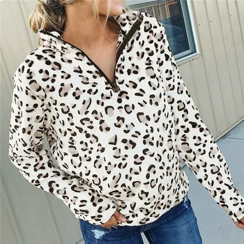 Trendikas Naiste riided tõmblukk leopard printida Vabaaja Dressipluus Daamid püstkaelusega Pika Varrukaga Pullover Topid ühte tükki