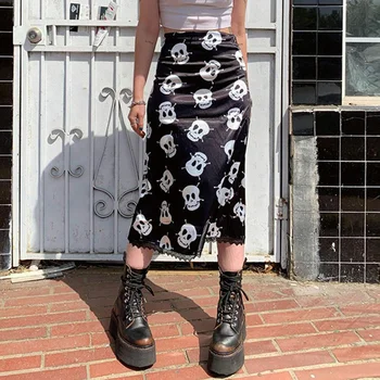 Helisopus Skull Print Seelikud Kõrge Vöökoht Pits Ruffled Harajuku Grunge Otse Pool-pikkus Seelik Vabaaja Street Naiste Rõivad