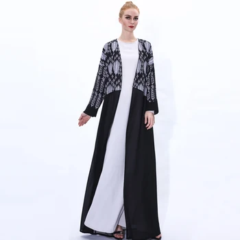 Dubai Avatud Jakk Lehe Print Abaya Naiste Moslemi Kimono Maxi Kleit Kaua Seal Kaftan Jilbab Kokteiliefekti Kleit Ramadaani Islami Riideid