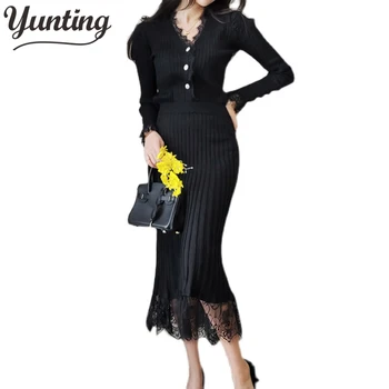 Naine Koo Kampsun Sobib Must Kootud Pits Seelikud Talvel 2-Osaline Komplekt Kevad Sügis Elegantne Mood Slim Kniting Ülikond