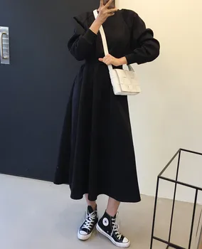 Vintage Korea Stiilis Hoida Soe Kampsun Kleit Pikk Varrukas Koo Vabaaja Pikk Must Kleit 2021 Kevad