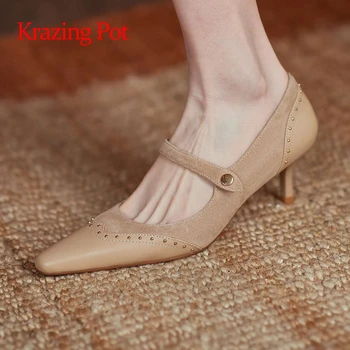 Krazing Pott, uued naturaalsest nahast väike ruut varba õhuke kõrged kontsad retro fashion pannal rihma brändi kingad elegantne naiste pumbad L75