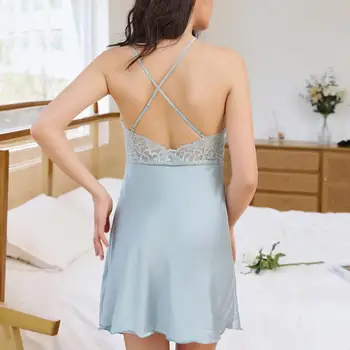 Uus Sinine Nightgowns Seksikas Backless Spagetid Rihm Sleepwear Naiste Pits Magada Dres Suvel Nightdress Õõnes Läbi Kodus Kandma