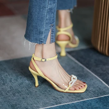 Daamid sandaalid loomulik nahk kingad pluss suurus 22-25cm täis nahast Vintage pearl kett+läbipaistev materjal, naiste sandaalid