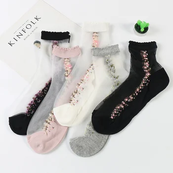 5 Paari/Palju Femme Jaapani Pits Väike Õie Kristalne Tahke Värv Crystal Silk Lahe Sokid Naised, Daamid Lilled Roosa/Valge Meias