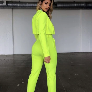 Neoon roheline 2 tööd, pikad varrukad lühikesed top ja täies pikkuses püksid 2019 kõrge kvaliteedi pidu seksikas sidemega sobivad