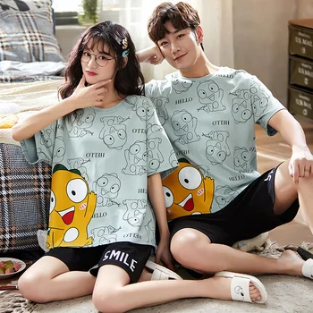 Cute Cartoon Prindi Suvel Puuvillane Pidžaama Paar Lühikesed Varrukad Pidžaama Komplekt Meestele Väljas Siserõivad Korea Pluss Suurus Naised Sleepwear