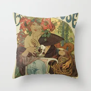 Alfons Mucha Art Nouveau Õlle Reklaami Padjapüür Dekoratiivsed Diivan Istmepadi Juhul Voodis Padja Kate Home Decor Padi Padjapüür