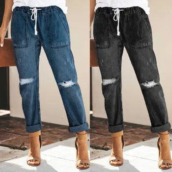Ripped Jeans For Women 2021 Street Style Fashion Distressed Trouser Stretch Elastic Waist Hole Denim Pants Trousers джинсы