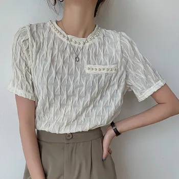 Genayooa Office Daamid Pearl T-Särk Femme Lühikesed Varrukad O Kaelus T-Särgid Naistele Stiilne Tahke Voldid Korea Tops Naiste Suve