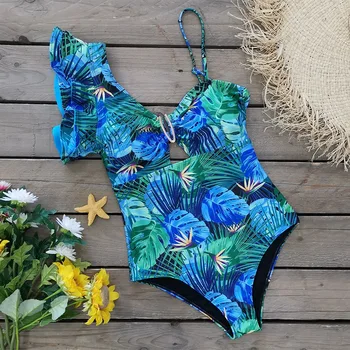 Ühes Tükis Ujumistrikoo Naiste Ujumisriided Push Up Monokini Prindi Sidemega Ühe Õla Trikoo Bodysuit Beach Kanda