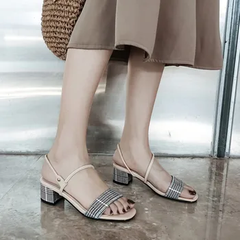 Suur Suurus 9 10 11 12 kõrge kontsaga sandaalid naiste kingad naine suvel daamid Chequered sandaalid paksud kontsad