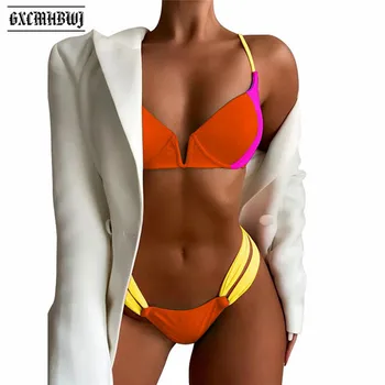 Gxcmhbwj Värviga Õmblemine V-Kaeluse Madala Talje Naiste Suvel Beachwear Naiste Sexy Bikini Set Trikoo Brasiilia Rannas Ujumistrikoo